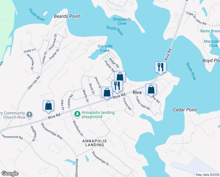 map of restaurants, bars, coffee shops, grocery stores, and more near 404 Circle Road in Riva