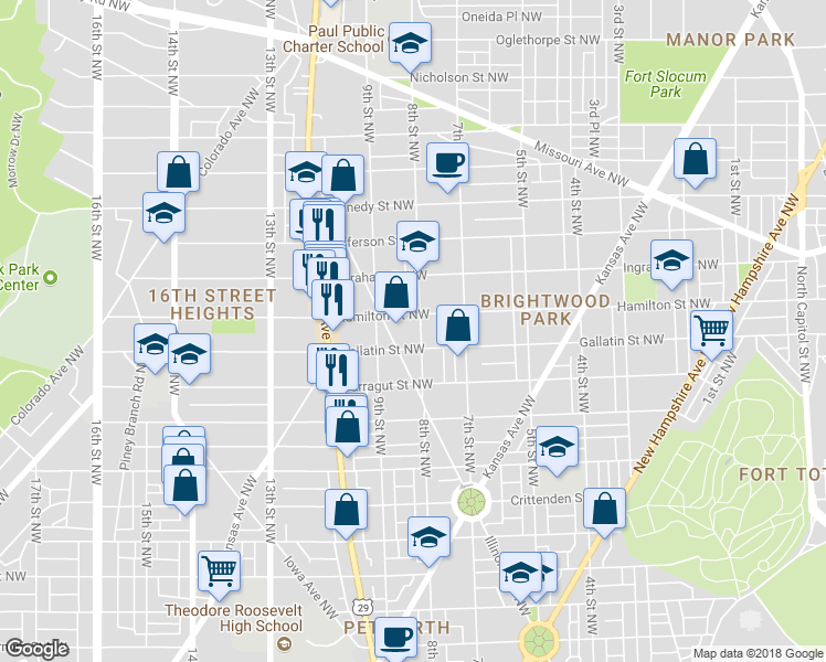 map of restaurants, bars, coffee shops, grocery stores, and more near 5118 8th Street Northwest in Washington