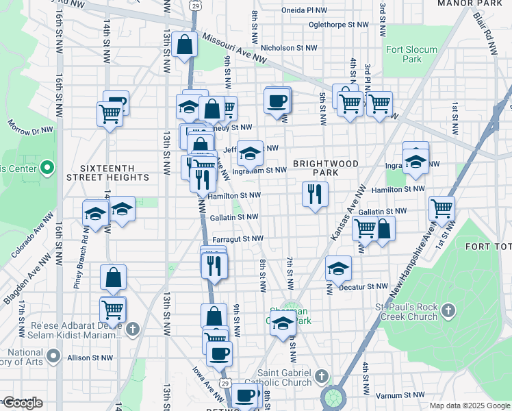 map of restaurants, bars, coffee shops, grocery stores, and more near 5118 8th Street Northwest in Washington