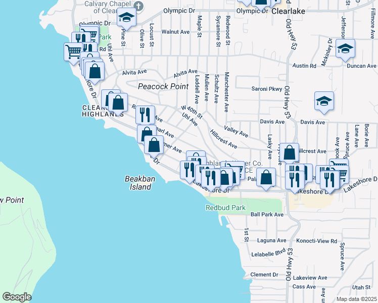 map of restaurants, bars, coffee shops, grocery stores, and more near 14570 Emory Avenue in Clearlake