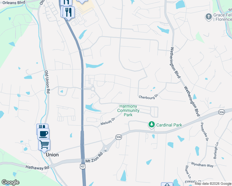 map of restaurants, bars, coffee shops, grocery stores, and more near 1549 Sweetsong Drive in Union