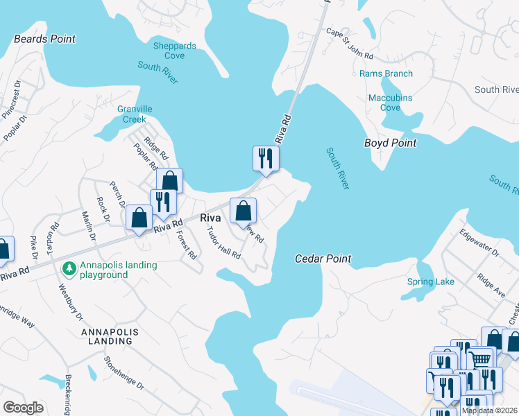 map of restaurants, bars, coffee shops, grocery stores, and more near 3059 Evans Road in Riva