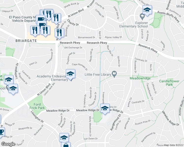 map of restaurants, bars, coffee shops, grocery stores, and more near 3701 Saint Simons Court in Colorado Springs