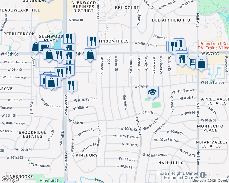 map of restaurants, bars, coffee shops, grocery stores, and more near 9732 Walmer Street in Overland Park