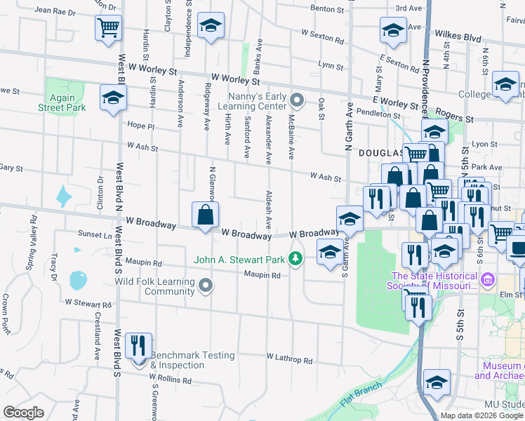 map of restaurants, bars, coffee shops, grocery stores, and more near 411 West Broadway in Columbia