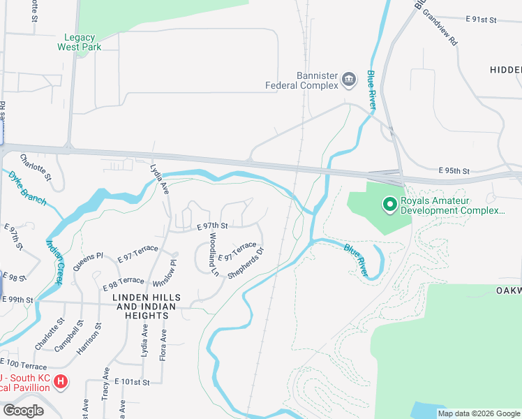 map of restaurants, bars, coffee shops, grocery stores, and more near 1901 East 97th Street in Kansas City