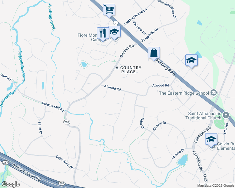map of restaurants, bars, coffee shops, grocery stores, and more near 9605 Atwood Road in Vienna