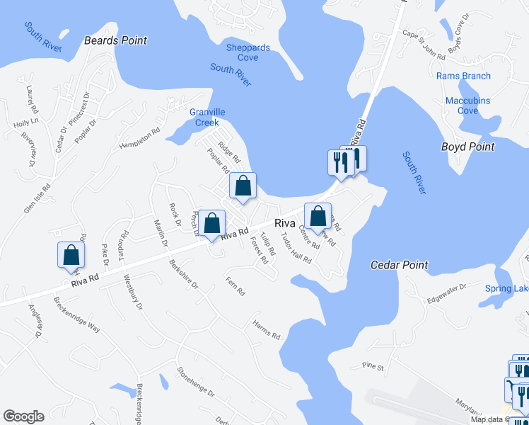 map of restaurants, bars, coffee shops, grocery stores, and more near 1 Butternut Road in Riva