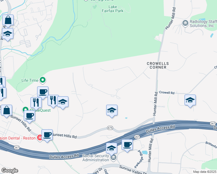 map of restaurants, bars, coffee shops, grocery stores, and more near 1683 Hunting Crest Way in Vienna
