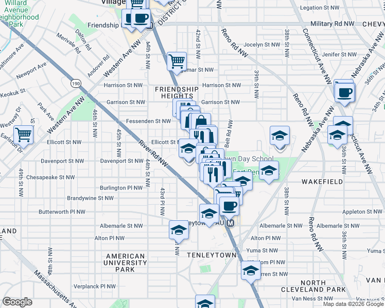 map of restaurants, bars, coffee shops, grocery stores, and more near 4203 Davenport Street Northwest in Washington