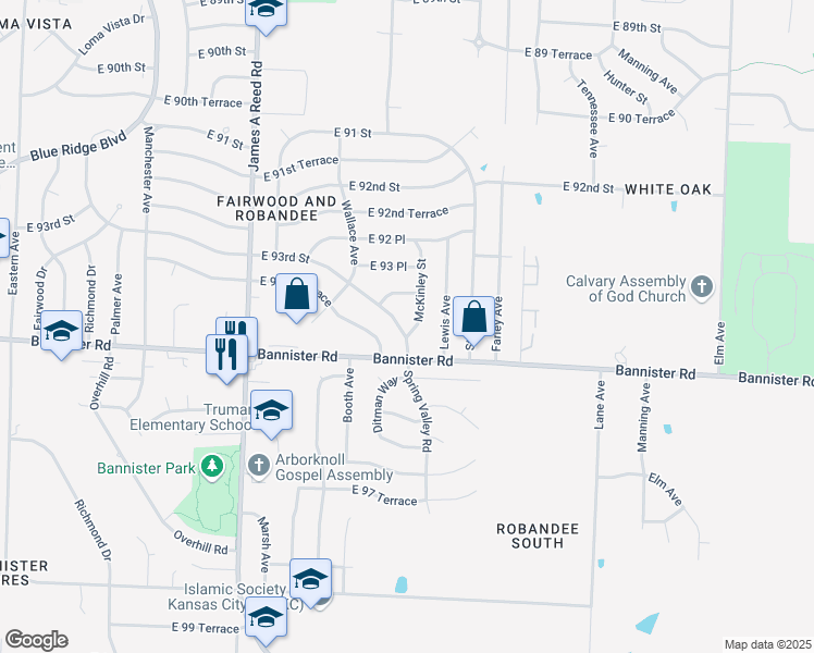 map of restaurants, bars, coffee shops, grocery stores, and more near 8608 East 93rd Street in Kansas City