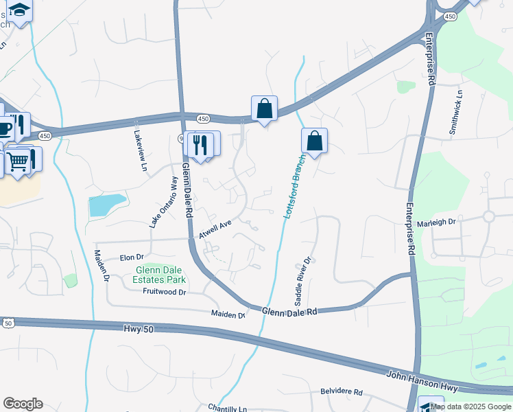 map of restaurants, bars, coffee shops, grocery stores, and more near 11400 Deepwood Drive in Bowie
