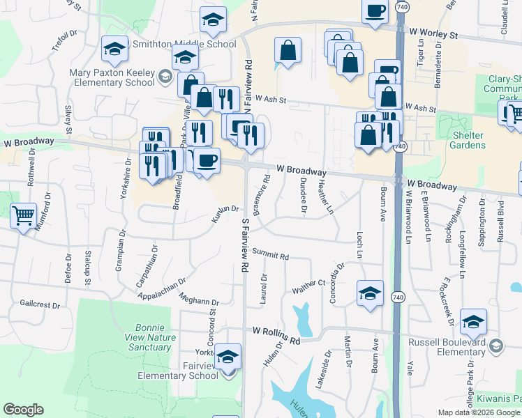 map of restaurants, bars, coffee shops, grocery stores, and more near 2718 Braemore Road in Columbia