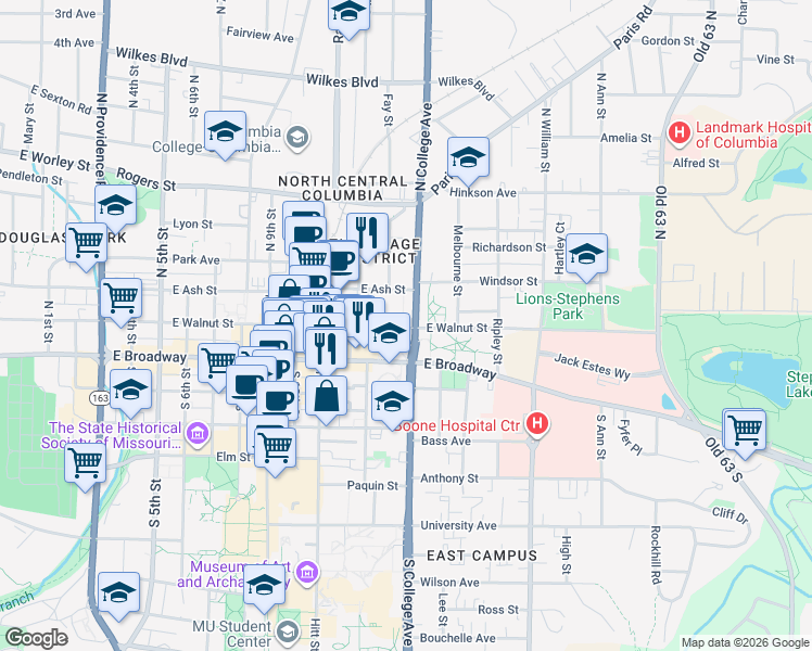 map of restaurants, bars, coffee shops, grocery stores, and more near 1221 East Walnut Street in Columbia