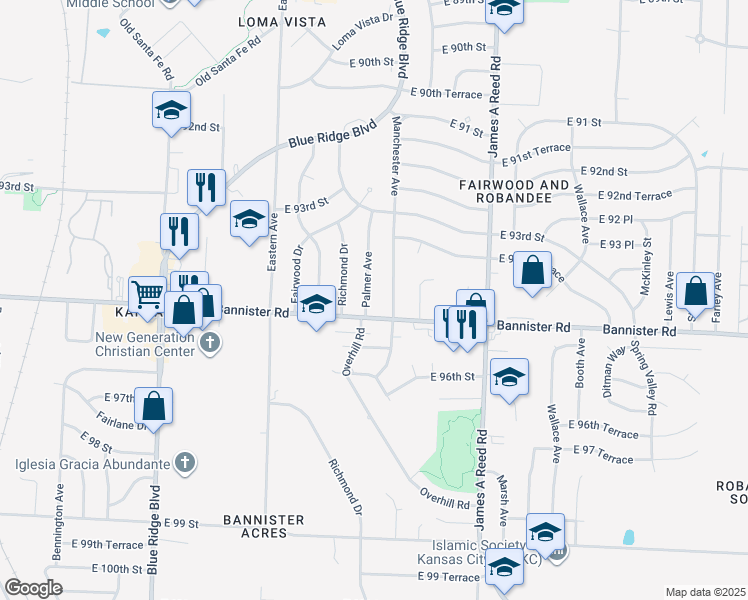 map of restaurants, bars, coffee shops, grocery stores, and more near 9416 Manchester Avenue in Kansas City