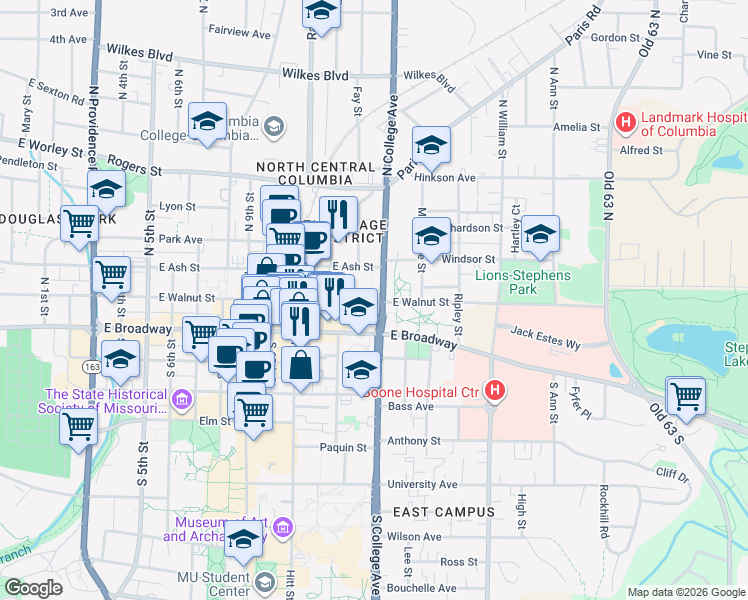 map of restaurants, bars, coffee shops, grocery stores, and more near 1221 East Walnut Street in Columbia