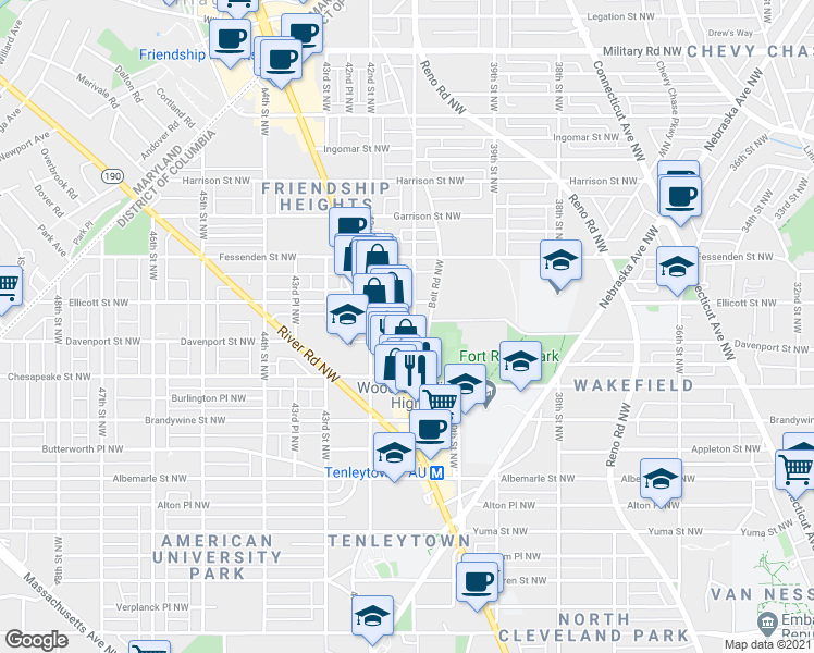 map of restaurants, bars, coffee shops, grocery stores, and more near 4808 41st Street Northwest in Washington