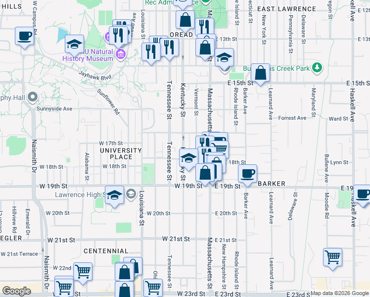 map of restaurants, bars, coffee shops, grocery stores, and more near 1744 Kentucky Street in Lawrence
