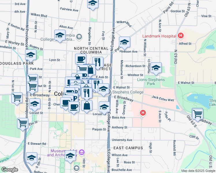 map of restaurants, bars, coffee shops, grocery stores, and more near 1221 East Walnut Street in Columbia