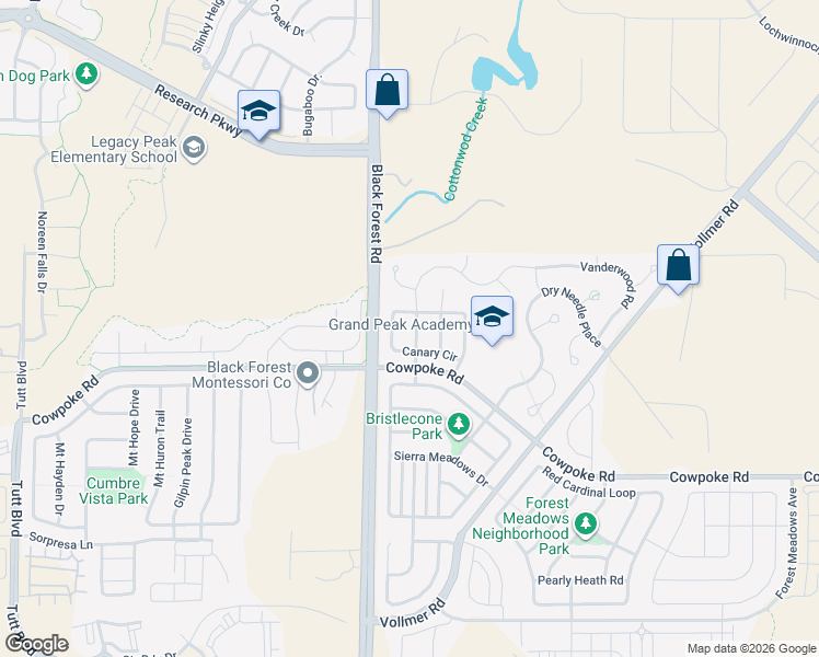 map of restaurants, bars, coffee shops, grocery stores, and more near 8428 Vanderwood Road in Colorado Springs