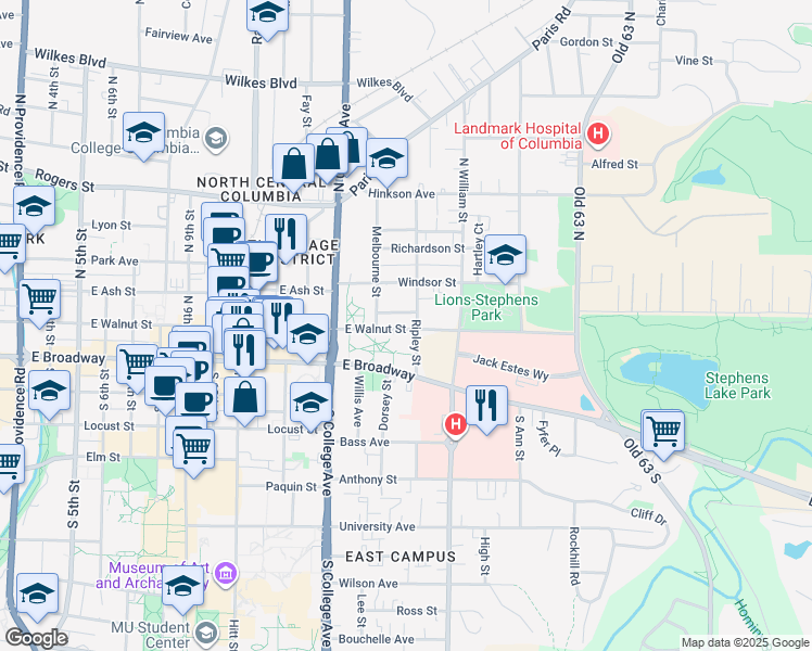 map of restaurants, bars, coffee shops, grocery stores, and more near 1411 East Walnut Street in Columbia