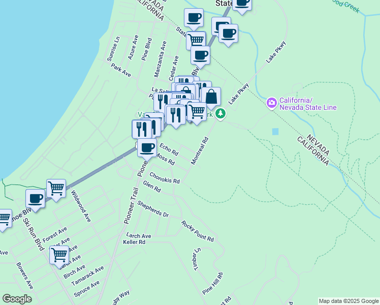 map of restaurants, bars, coffee shops, grocery stores, and more near in South Lake Tahoe