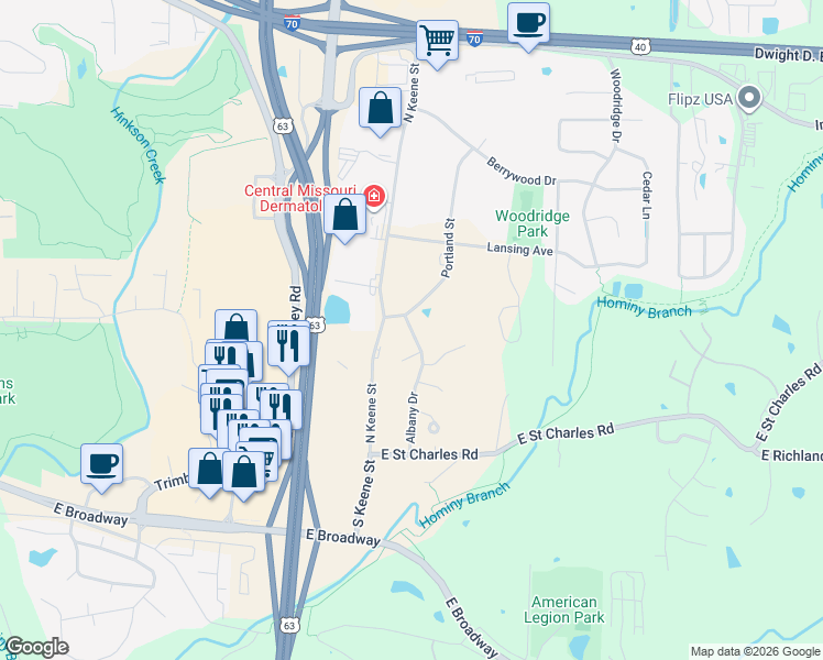 map of restaurants, bars, coffee shops, grocery stores, and more near 113 Albany Drive in Columbia