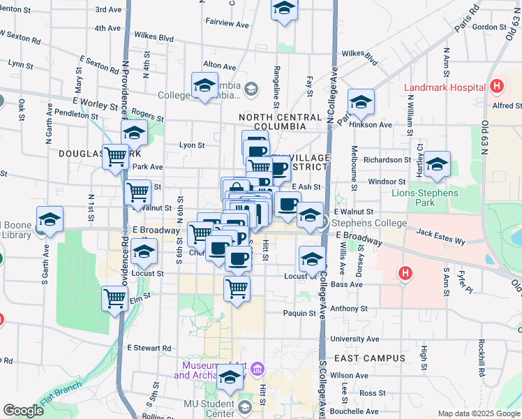 map of restaurants, bars, coffee shops, grocery stores, and more near 1013 East Walnut Street in Columbia