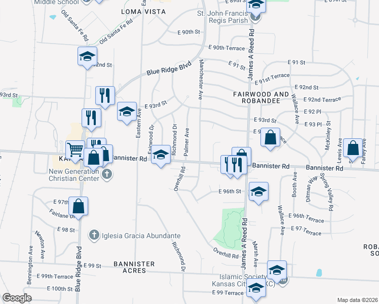map of restaurants, bars, coffee shops, grocery stores, and more near 9416 Manchester Avenue in Kansas City