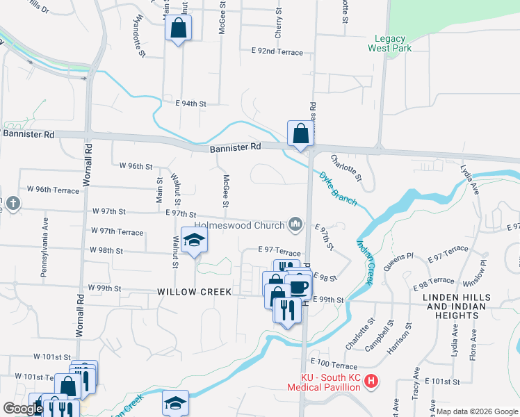 map of restaurants, bars, coffee shops, grocery stores, and more near 619 East 97 Street in Kansas City