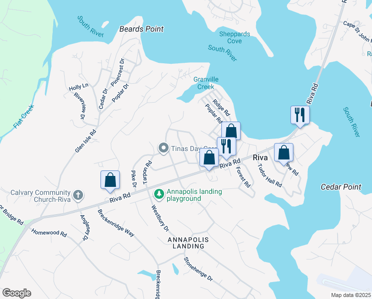 map of restaurants, bars, coffee shops, grocery stores, and more near 3025 Rock Drive in Riva
