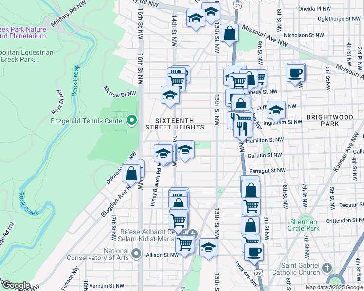 map of restaurants, bars, coffee shops, grocery stores, and more near 1370 Hamilton Street Northwest in Washington
