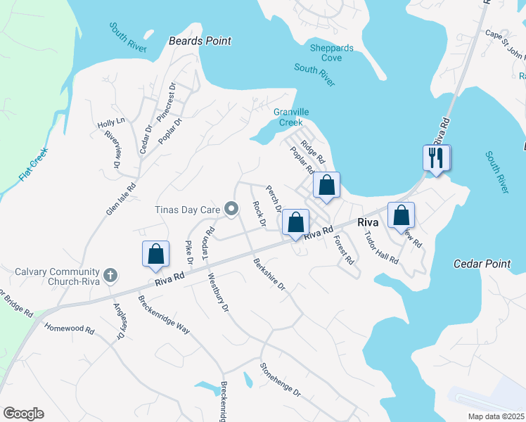 map of restaurants, bars, coffee shops, grocery stores, and more near 3025 Rock Drive in Riva