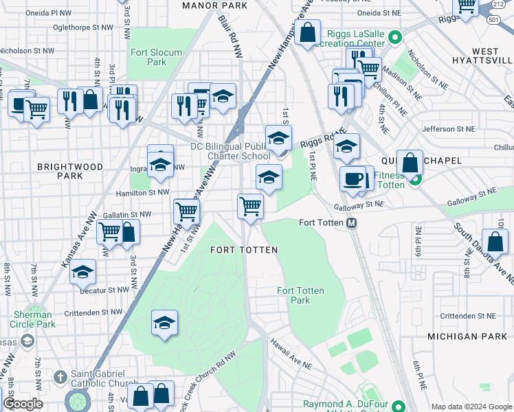 map of restaurants, bars, coffee shops, grocery stores, and more near 22 Gallatin Street Northeast in Washington