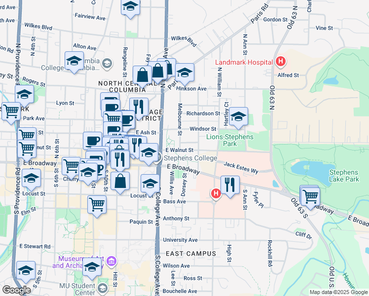 map of restaurants, bars, coffee shops, grocery stores, and more near 1403 East Walnut Street in Columbia