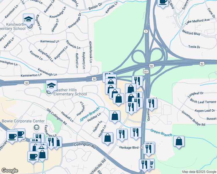 map of restaurants, bars, coffee shops, grocery stores, and more near 4600 Mitchellville Road in Bowie