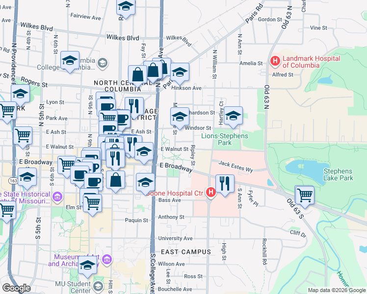 map of restaurants, bars, coffee shops, grocery stores, and more near 1412 East Walnut Street in Columbia