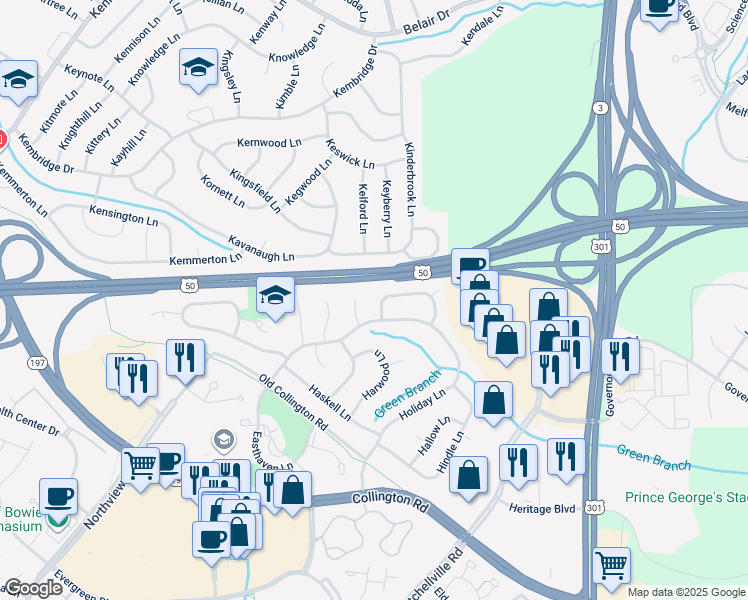 map of restaurants, bars, coffee shops, grocery stores, and more near 12704 Hoven Lane in Bowie