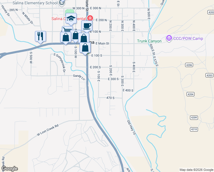 map of restaurants, bars, coffee shops, grocery stores, and more near 361 South 200 East in Salina