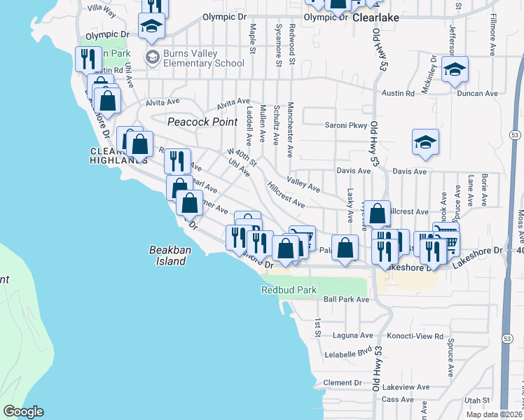 map of restaurants, bars, coffee shops, grocery stores, and more near 14638 Palmer Avenue in Clearlake