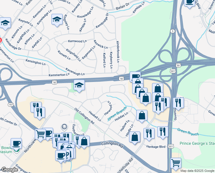 map of restaurants, bars, coffee shops, grocery stores, and more near 12704 Hoven Lane in Bowie