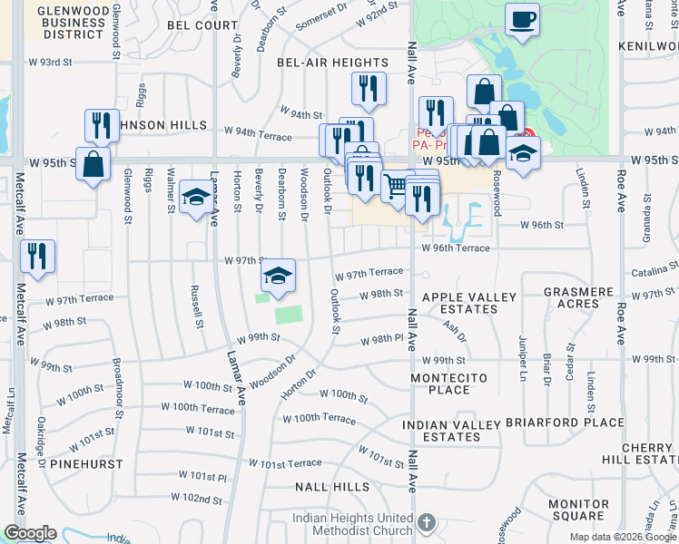 map of restaurants, bars, coffee shops, grocery stores, and more near 9732 Outlook Drive in Overland Park