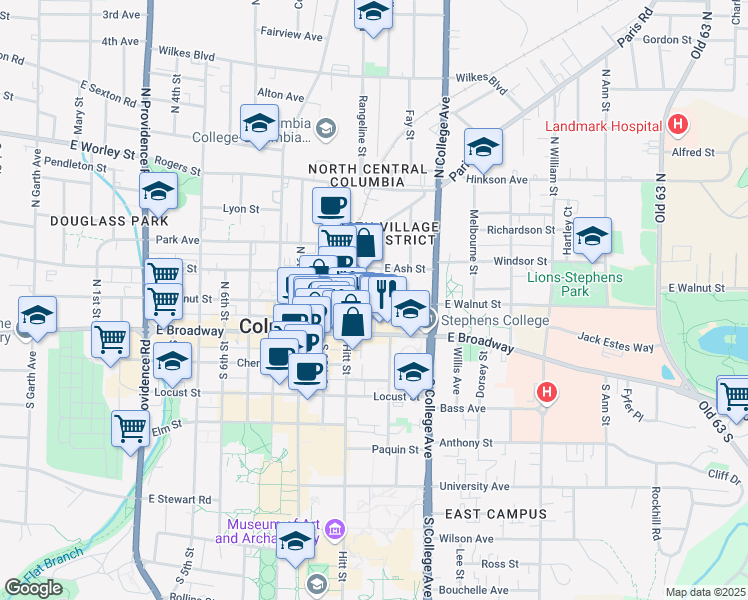map of restaurants, bars, coffee shops, grocery stores, and more near 1109 East Walnut Street in Columbia