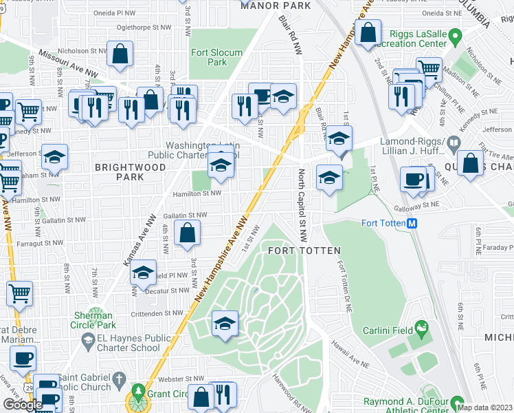 map of restaurants, bars, coffee shops, grocery stores, and more near 101 Independence Avenue Southeast in Washington