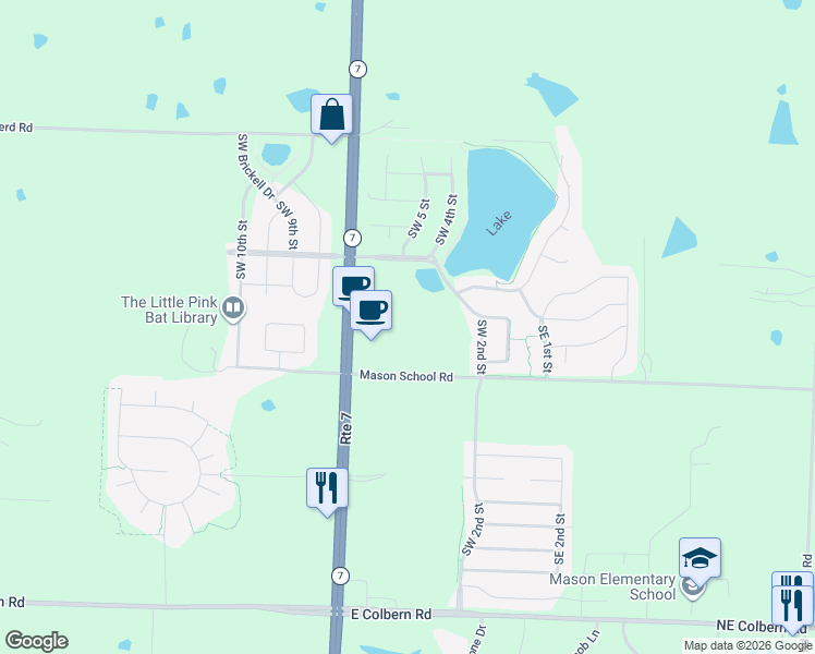 map of restaurants, bars, coffee shops, grocery stores, and more near 26708 Mason School Road in Blue Springs