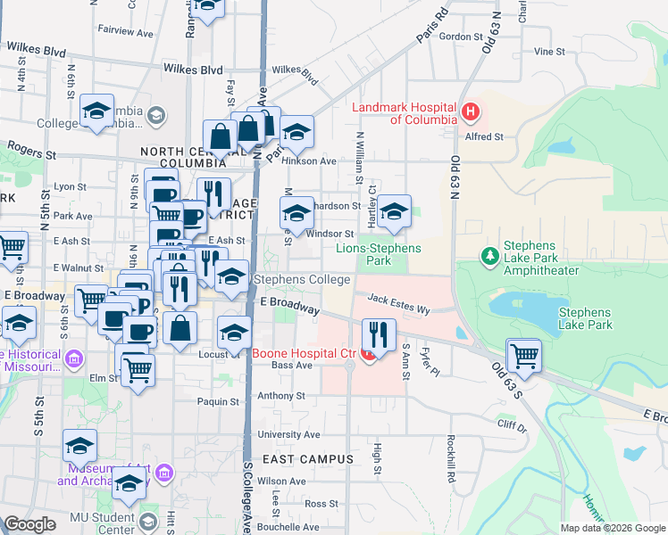 map of restaurants, bars, coffee shops, grocery stores, and more near 1509 East Walnut Street in Columbia