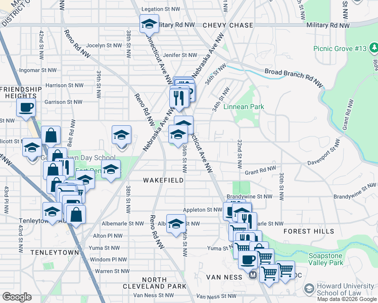 map of restaurants, bars, coffee shops, grocery stores, and more near 4817 36th Street Northwest in Washington