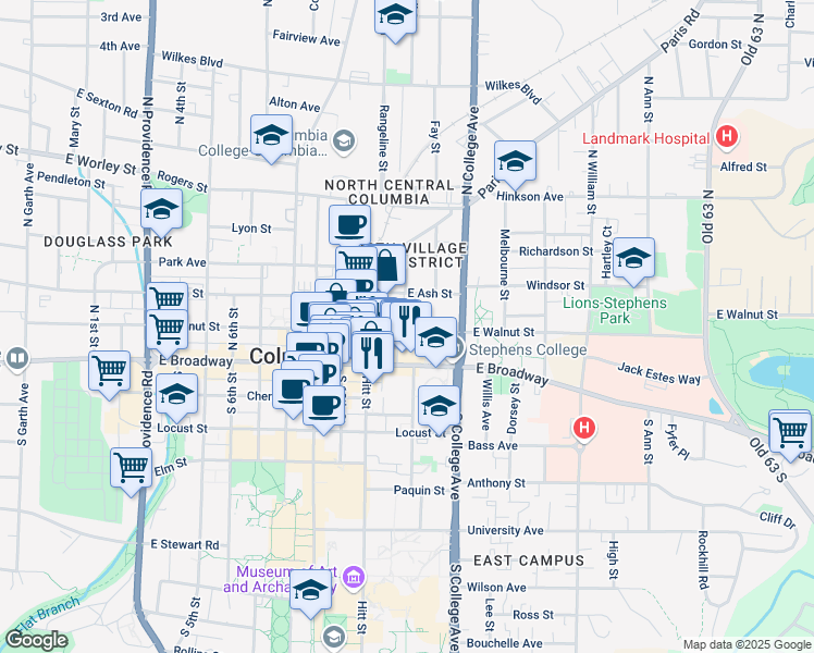 map of restaurants, bars, coffee shops, grocery stores, and more near 1201 East Walnut Street in Columbia