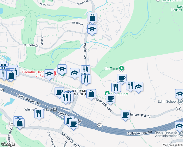 map of restaurants, bars, coffee shops, grocery stores, and more near 1775 Wiehle Avenue in Reston