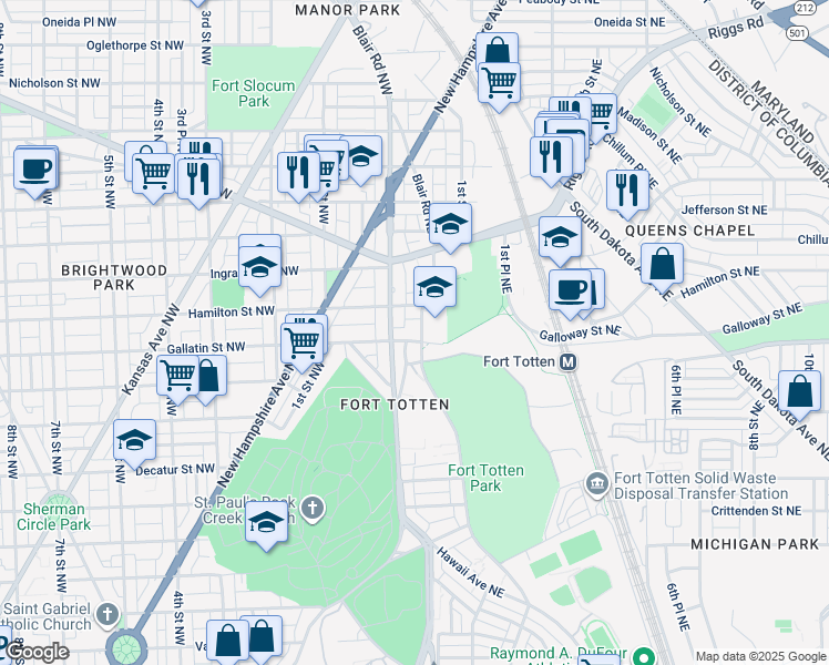 map of restaurants, bars, coffee shops, grocery stores, and more near 22 Gallatin Street Northeast in Washington